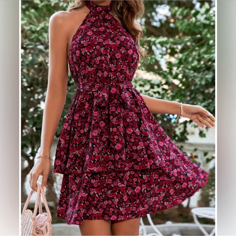 Rose Floral Print Layered Ruffle Hem Belted Halter Dress